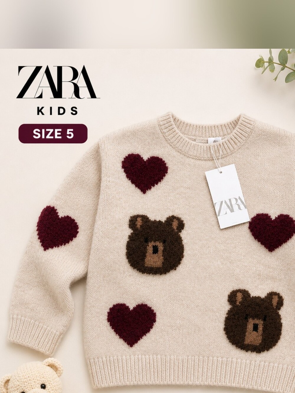 Zara Kids NWT Teddy Bear Heart Knit Sweater Girls Size 5 Cozy Fall Winter